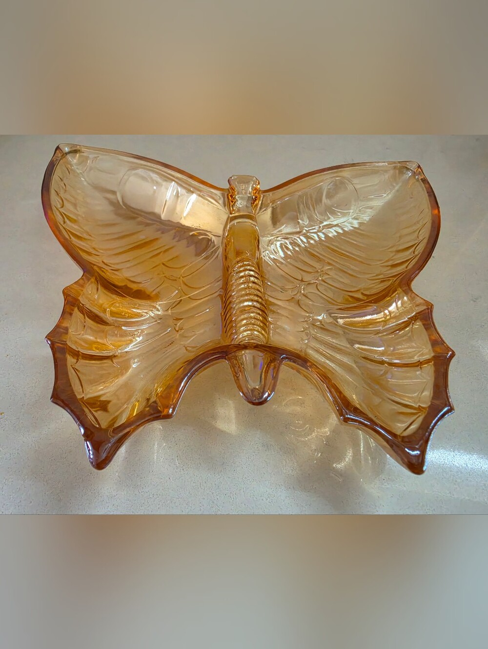 Vintage Marigold Carnival Glass Butterfly Dish Iridescent Trinket Tray